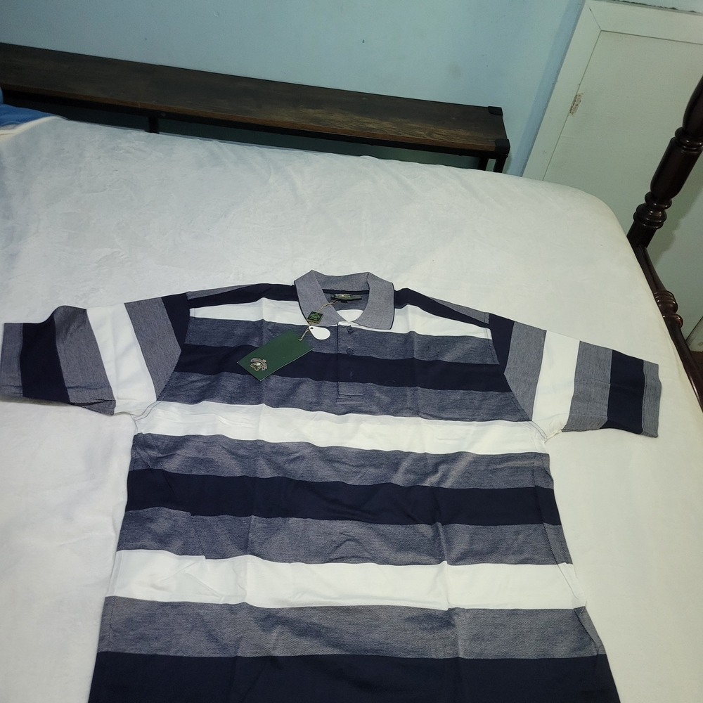 WOODS AND IRONS Men's Polo Shirt - Navy, Gray, and White Stripes XXL